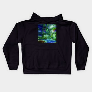 Magical Blue Landscape Painting with Peaceful Illustrations Kids Hoodie